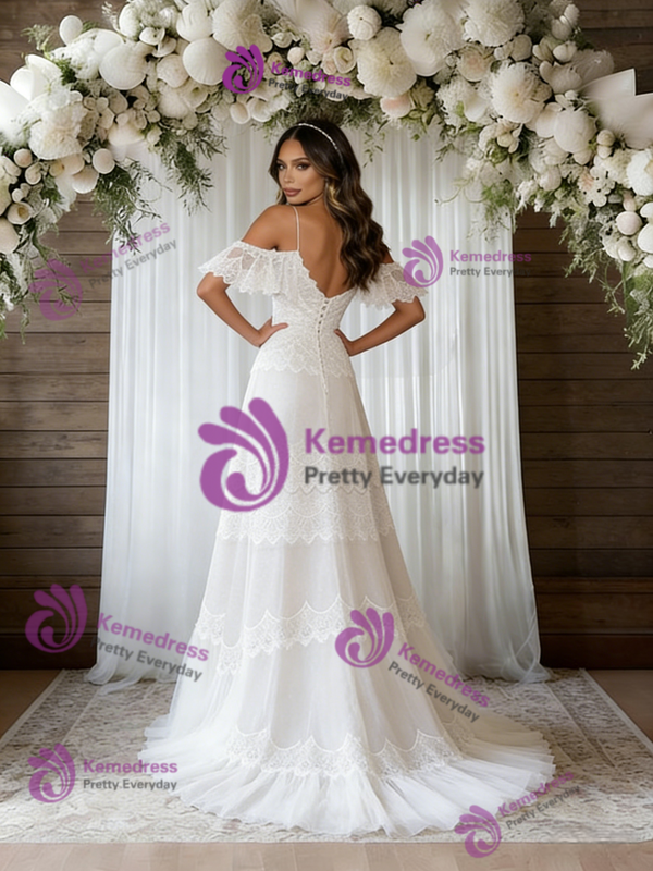 A-Line White Lace Spaghetti Straps Wedding Dress