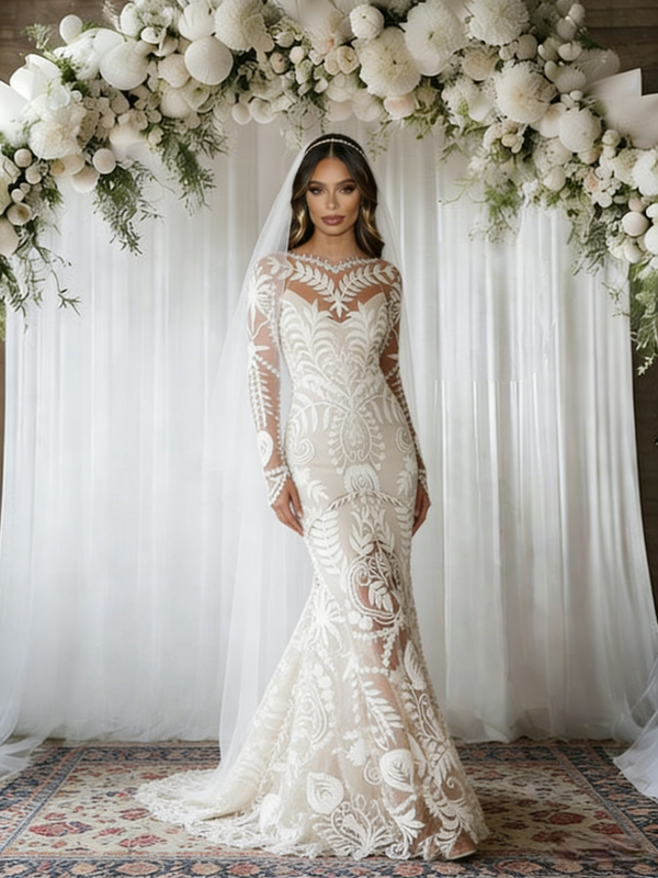 White Mermaid Lace Long Sleeve Wedding Dress