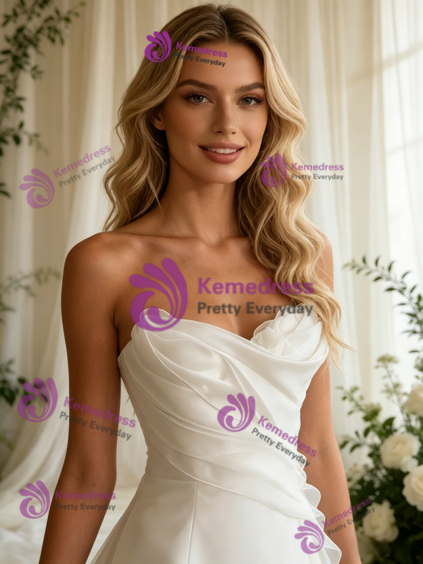 White Tulle Strapless Pleats Wedding Dress