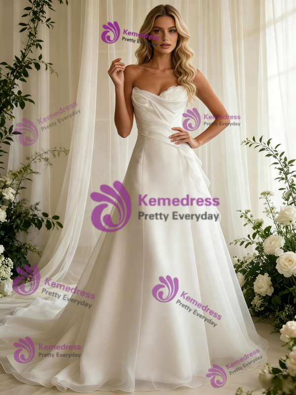 White Tulle Strapless Pleats Wedding Dress