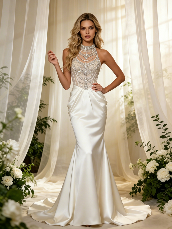 Beige White Mermaid Satin Halter Beading Wedidng Dress