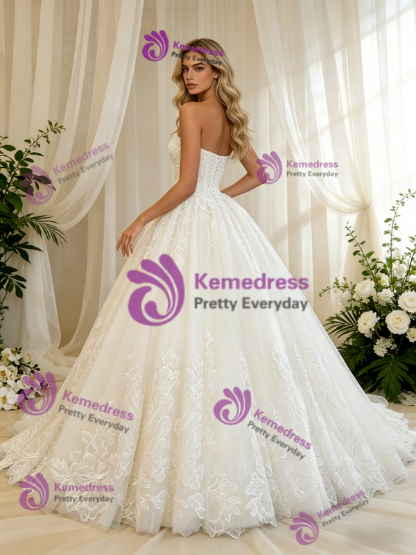 White Tulle Appliques Strapless Wedding Dress