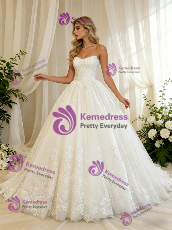 White Tulle Appliques Strapless Wedding Dress