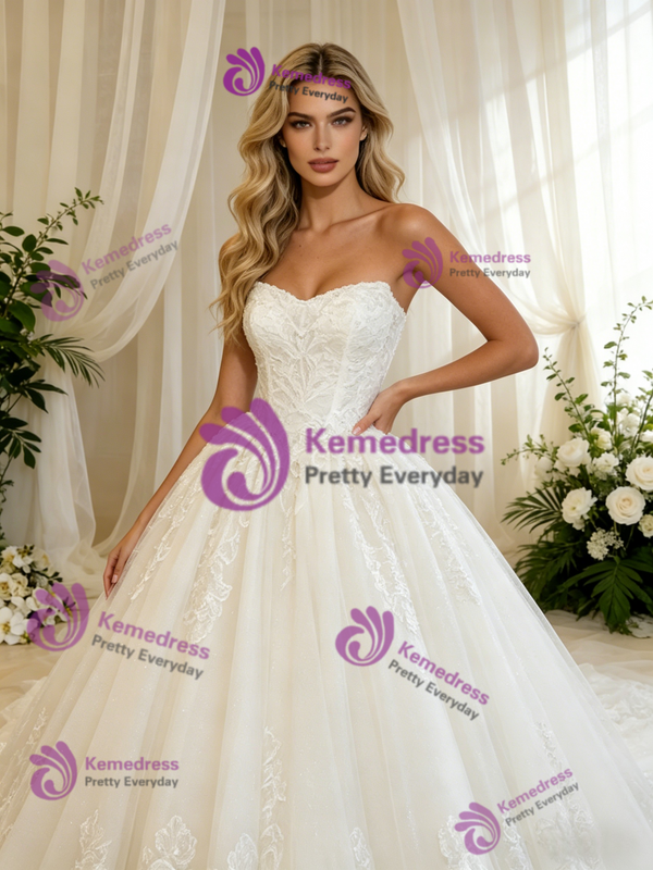 White Tulle Appliques Strapless Wedding Dress