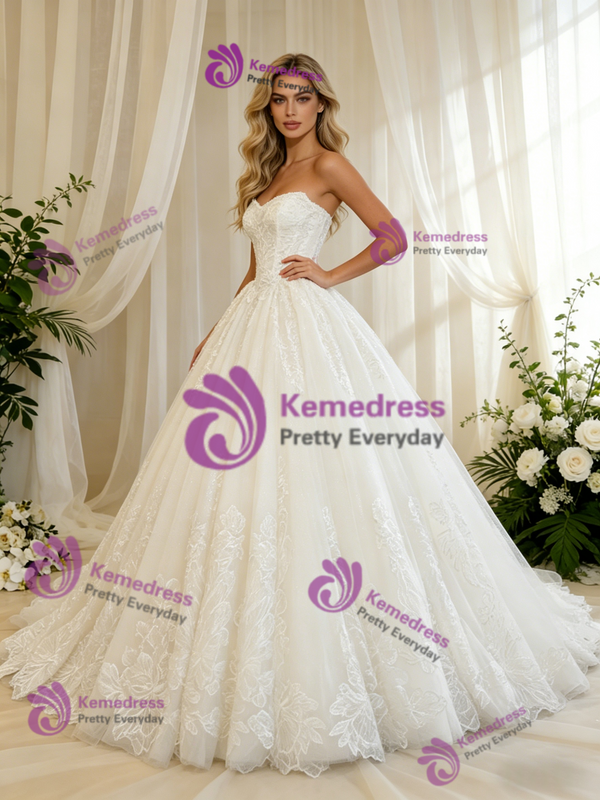 White Tulle Appliques Strapless Wedding Dress
