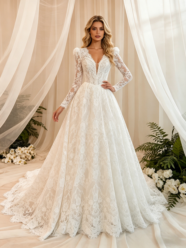 White Lace Long Sleeve V-neck Wedding Dress