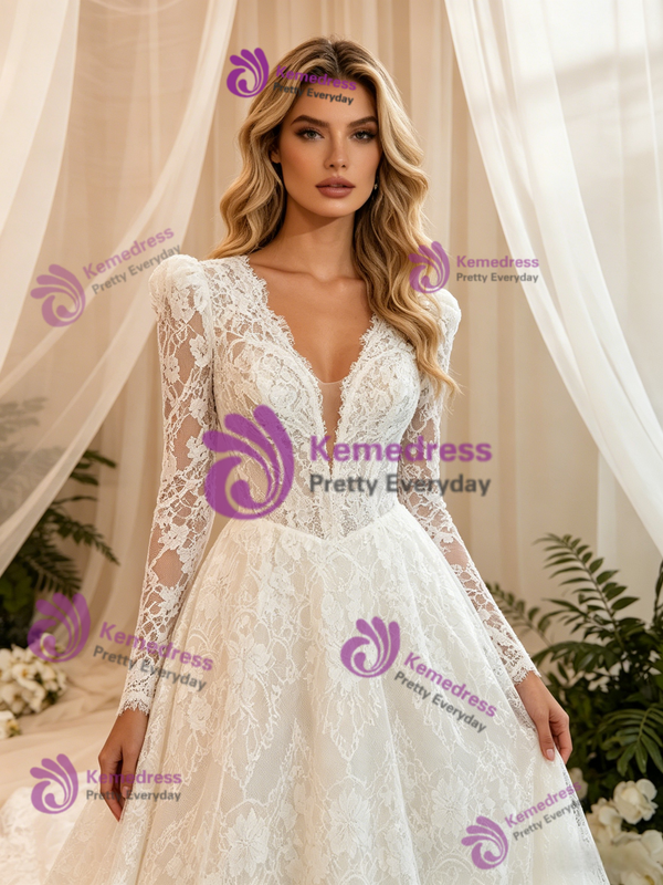 White Lace Long Sleeve V-neck Wedding Dress