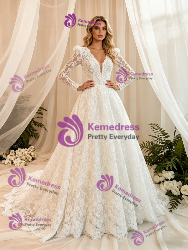 White Lace Long Sleeve V-neck Wedding Dress