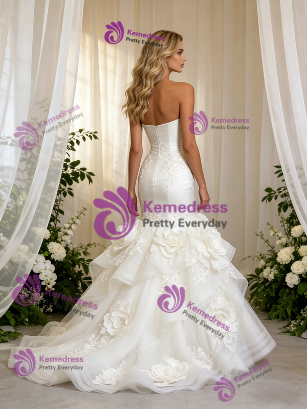 Beige White Mermaid Satin Tulle Flower Wedding Dress
