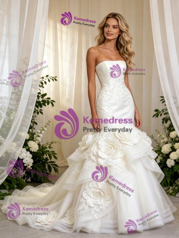 Beige White Mermaid Satin Tulle Flower Wedding Dress