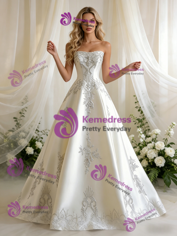 Beige White Satin Strapless Beading Wedding Dress