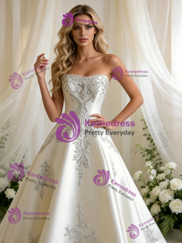Beige White Satin Strapless Beading Wedding Dress