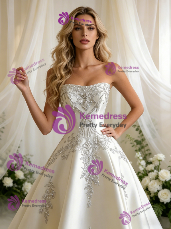 Beige White Satin Strapless Beading Wedding Dress