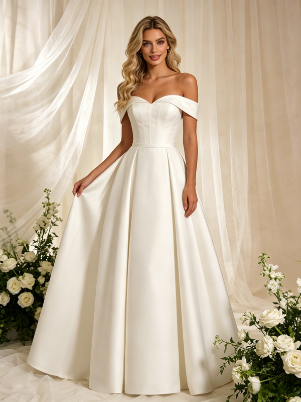 Beige White Satin Off the Shoulder Wedding Dress