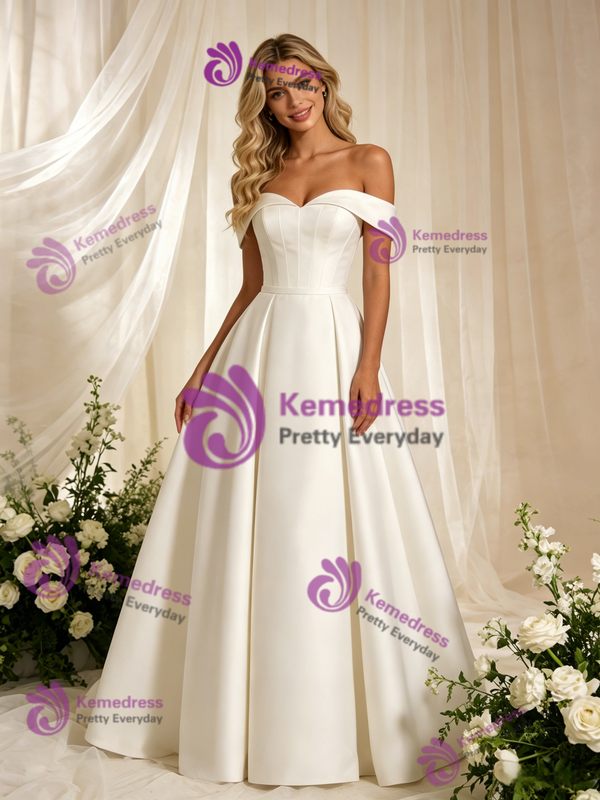 Beige White Satin Off the Shoulder Wedding Dress