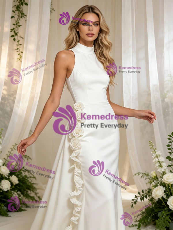 Beige White Mermaid High Neck Flower Wedding Dress