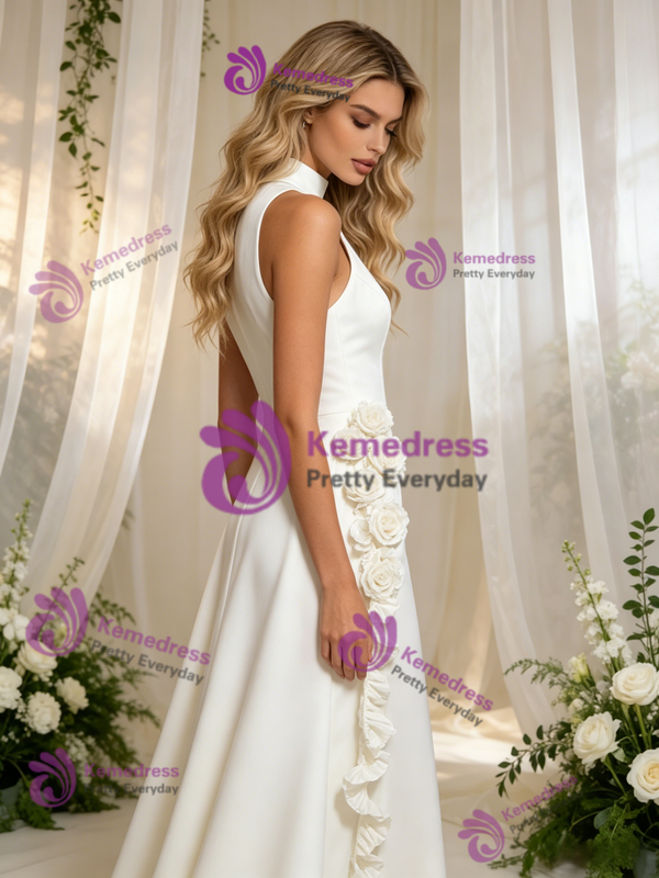 Beige White Mermaid High Neck Flower Wedding Dress