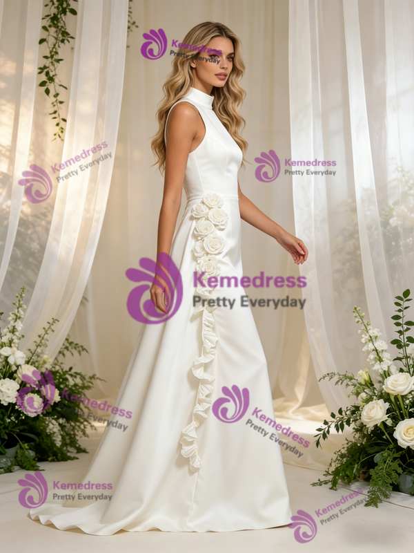 Beige White Mermaid High Neck Flower Wedding Dress