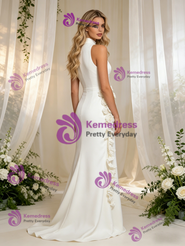 Beige White Mermaid High Neck Flower Wedding Dress