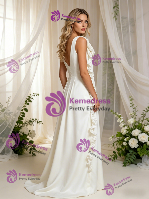 Beige White V-neck Flower Wedding Dress