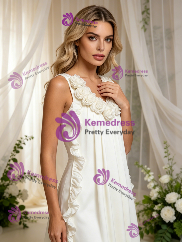 Beige White V-neck Flower Wedding Dress