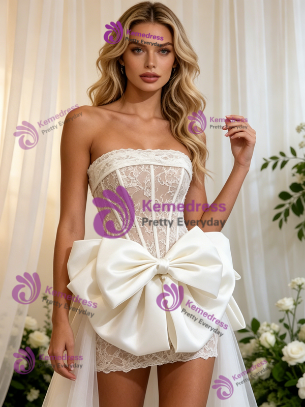 White Tulle Lace Strapless Bow Wedding Dress