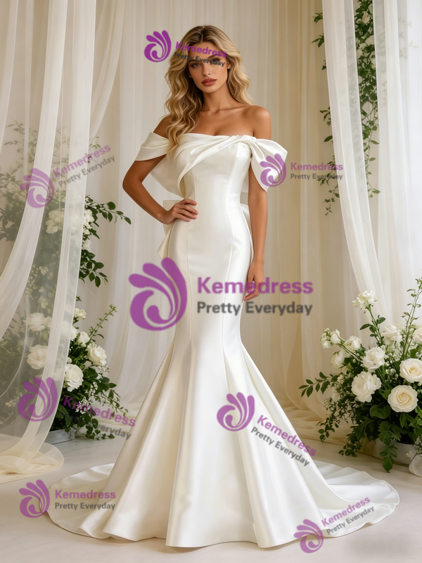 Beige White Mermaid Satin Off the Shoulder Wedding Dress