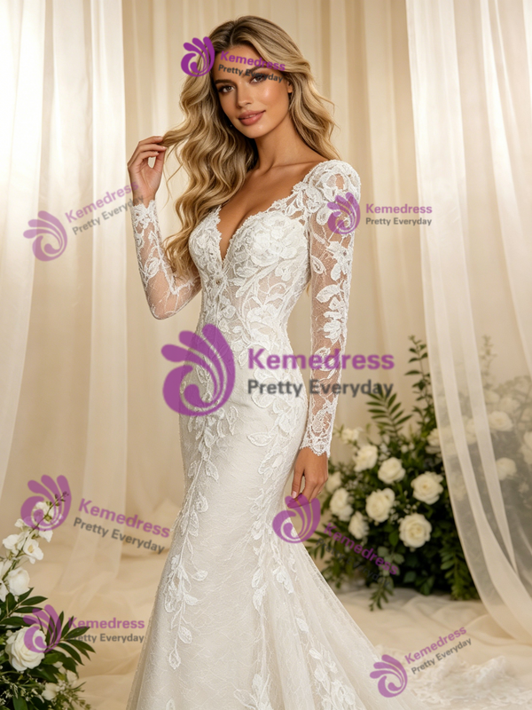 White Mermaid Lace V-neck Long Sleeve Wedding Dress