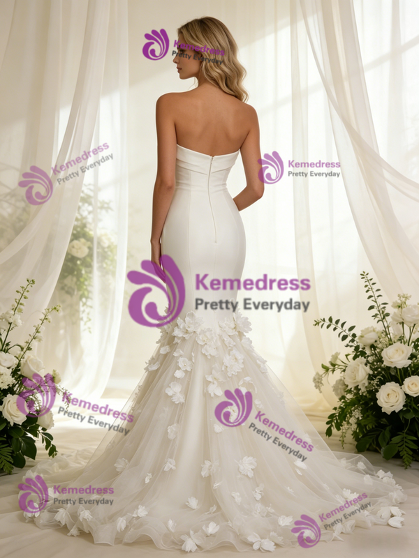 Mermaid Satin Tulle Strapless Flower Wedding Dress