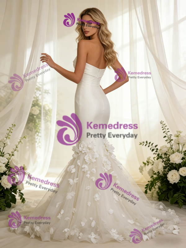 Mermaid Satin Tulle Strapless Flower Wedding Dress