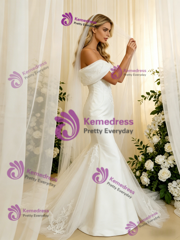 Mermaid Tulle Satin Appliques Wedding Dress