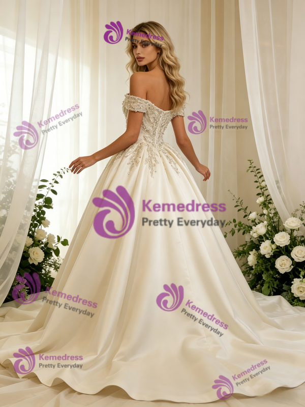 Ivory Satin Off the Shoulder Beading Wedding Dress