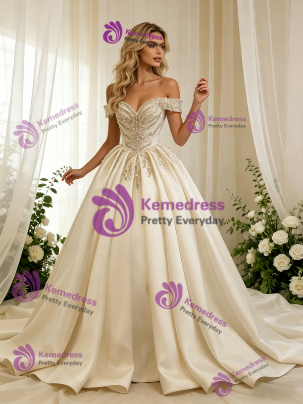 Ivory Satin Off the Shoulder Beading Wedding Dress