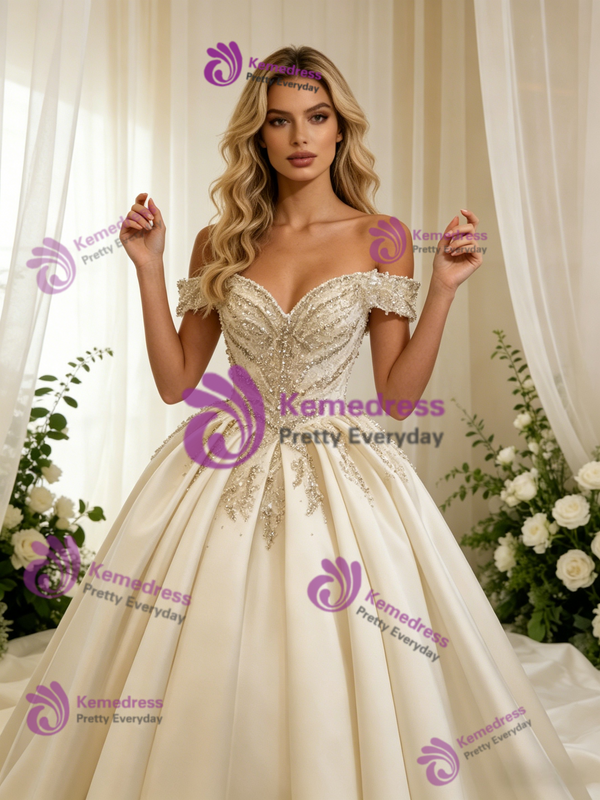 Ivory Satin Off the Shoulder Beading Wedding Dress