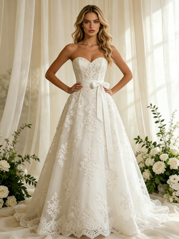 White Lace Strapless Bow Wedding Dress
