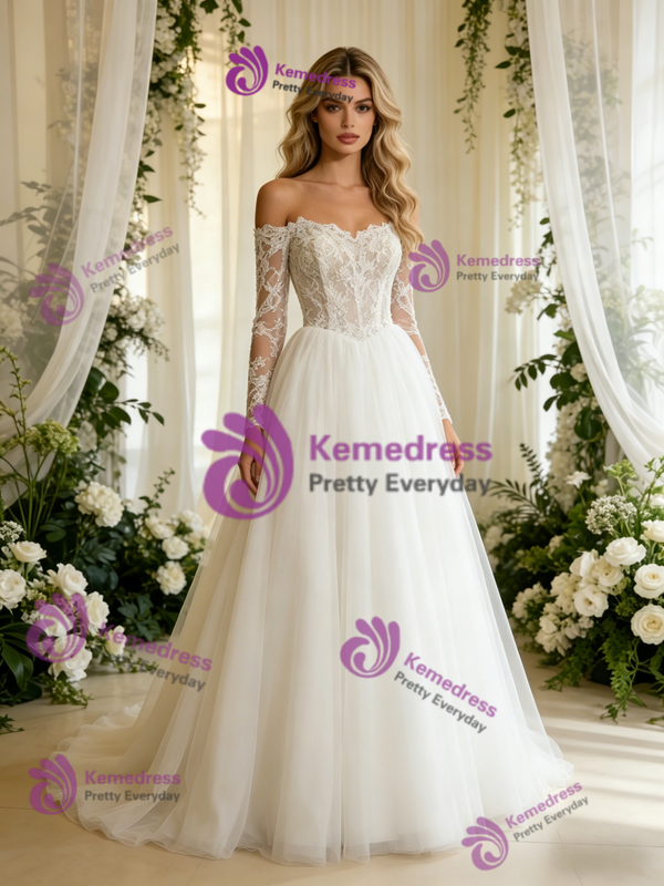 White Tulle Lace Long Sleeve Wedding Dress