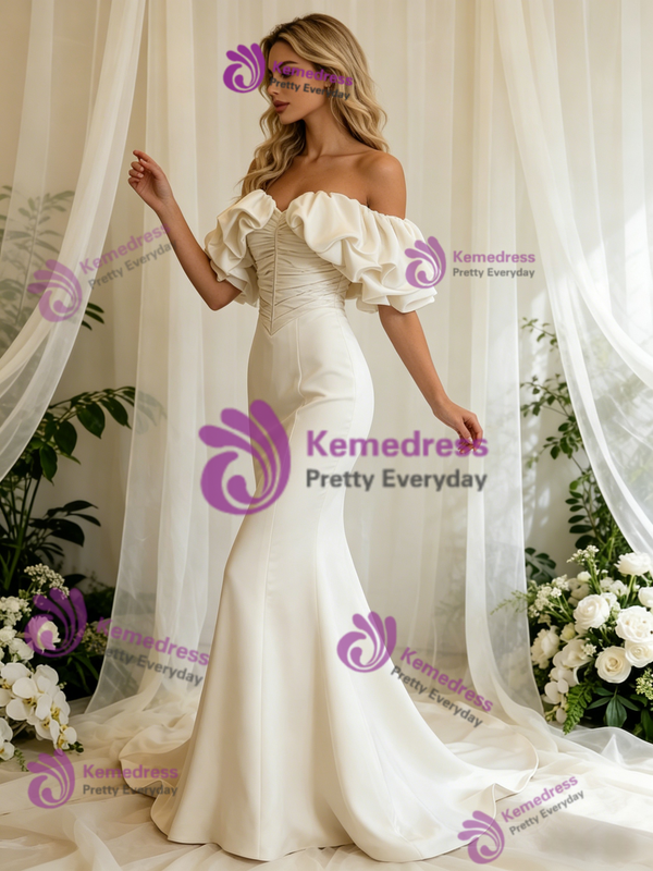 Ivory Mermaid Satin Off the Shoulder Pleats Wedding Dress