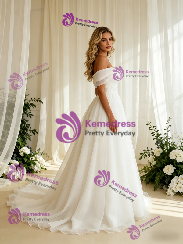 White Tulle Off the Shoulder Pleats Wedding Dress