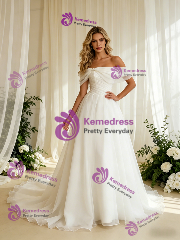 White Tulle Off the Shoulder Pleats Wedding Dress