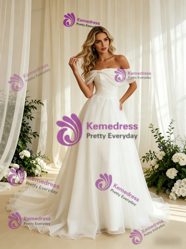 White Tulle Off the Shoulder Pleats Wedding Dress