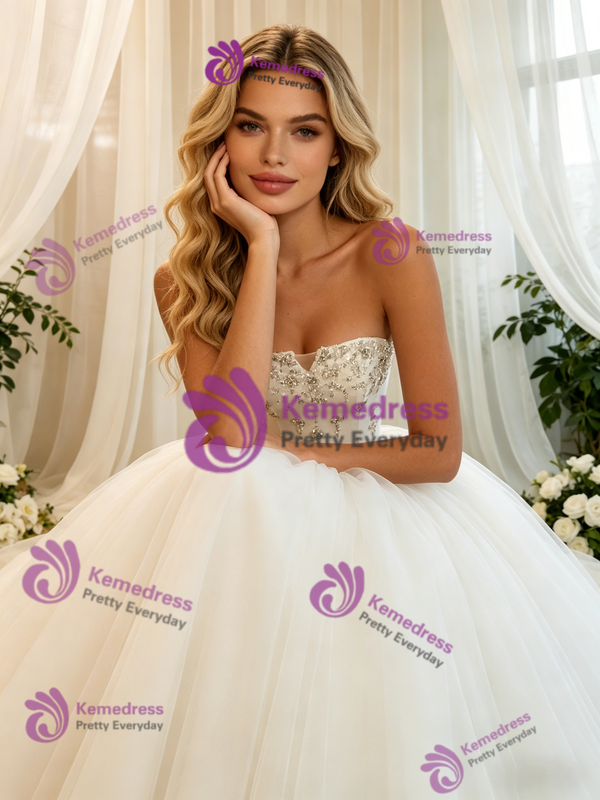 White Tulle Strapless Beading Wedding Dress