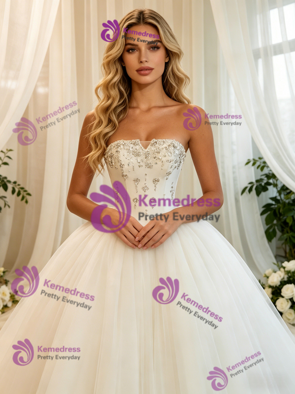 White Tulle Strapless Beading Wedding Dress
