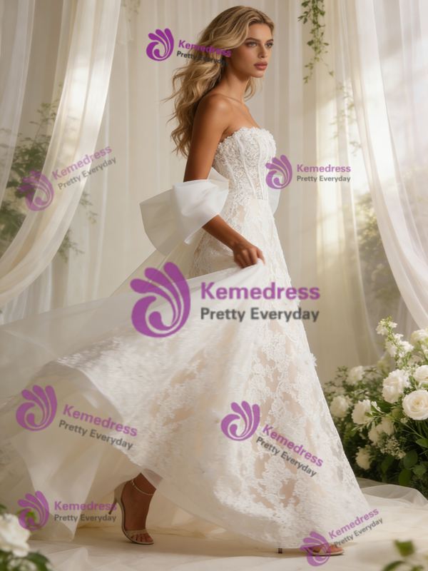 White Tulle Strapless Bow Wedding Dress