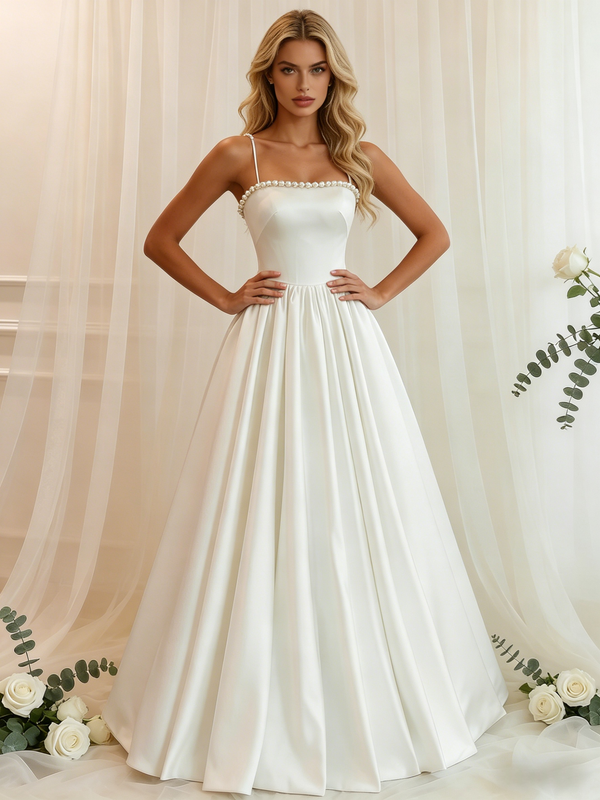 White Satin Spaghetti Straps Wedding Dress