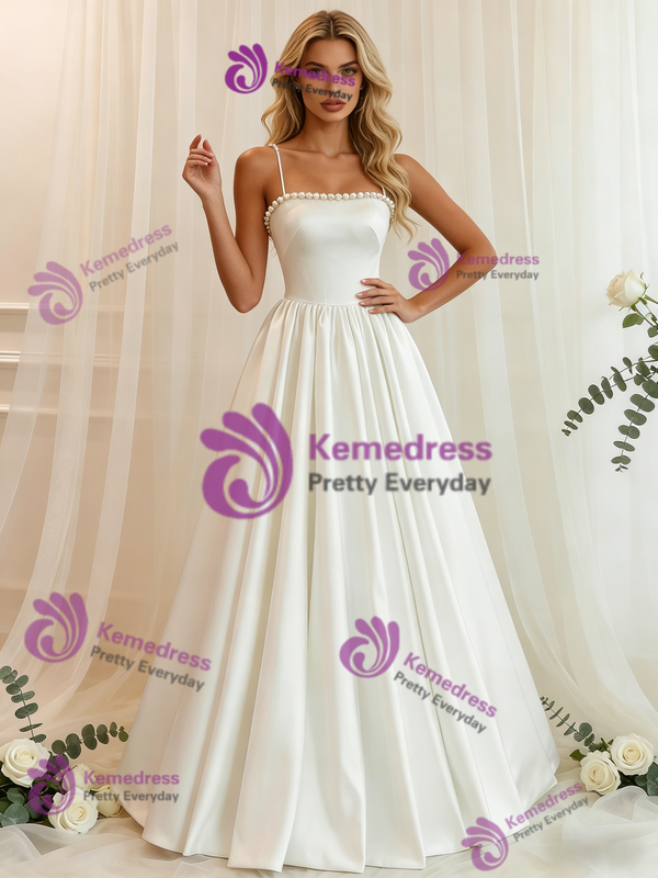 White Satin Spaghetti Straps Wedding Dress