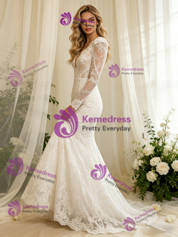White Mermaid Lace V-neck Wedding Dress