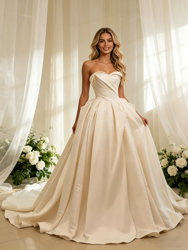 Ivory Satin Strapless Pleats Wedding Dress