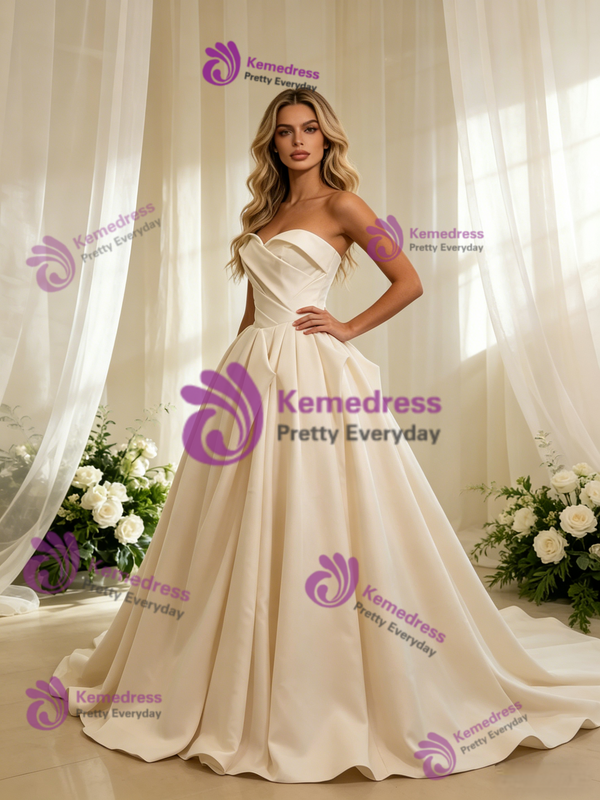 Ivory Satin Strapless Pleats Wedding Dress