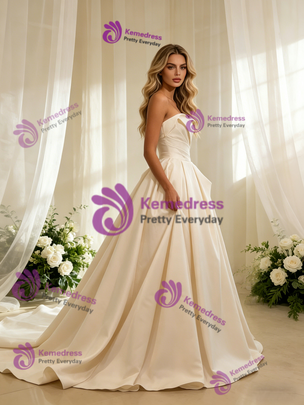 Ivory Satin Strapless Pleats Wedding Dress