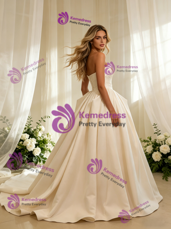 Ivory Satin Strapless Pleats Wedding Dress